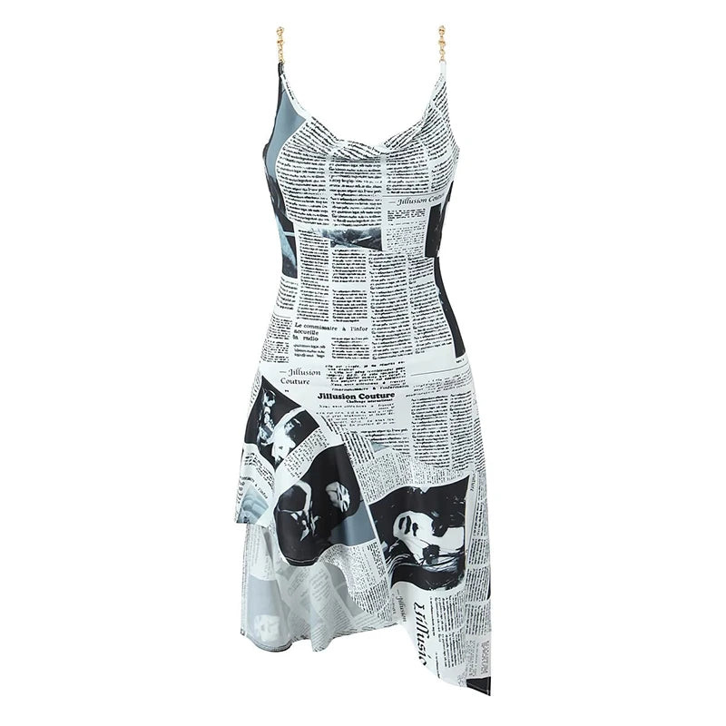2025 Women Newspaper Letter Print Irregular Hem Sexy Dresses Thin Straps With Chain Backless  Summer Short Dress