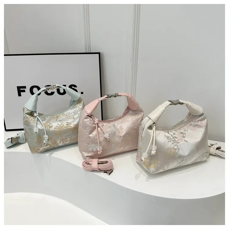 Fashion Luxury Women Embroidery Shoulder Bag Nylon Pearl Pendant Bucket Bag Versatile Handbag Retro Women Crossbody Bags сумка