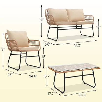 4 Piece Patio Bistro Outdoor Furniture Set, Wicker Sofa, 2 Rattan Chairs, and Table, Backyard Conversation Set, All, Customized