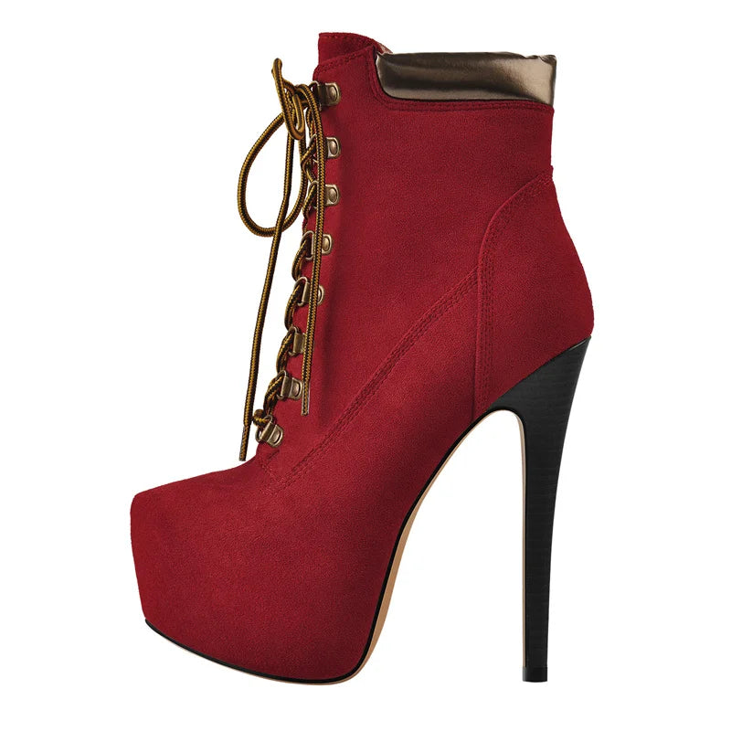 Onlymaker Women Lace-Up Ankle Boots Shoes 16cm High Thin Heel 4cm Platform Fashion Heels Boots Plus Size 35-46
