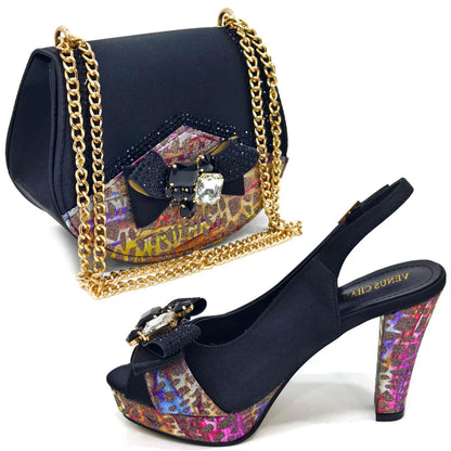 Doershow new come Matching Women Shoe and Bag Set Decorated black Nigerian Shoes and Bag Set Italy Shoes and Bag set HDF1-17