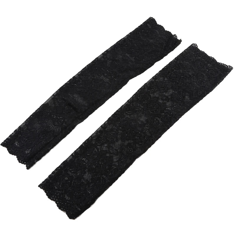 Women Summer Ice Silk Lace Arm Sleeve Elastic Sleeve Driving Gloves Black White Long Fingerless Mittens Sunscreen Gloves