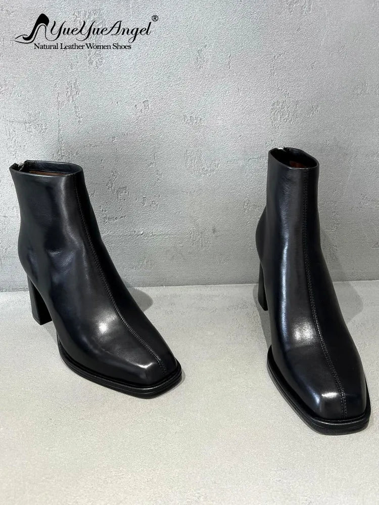 Concise Female Genuine Leather Square Toe Chunky Heel Ankle Boots Versatile Solid Color Cowhide Zipper Hard Wearing Footwear