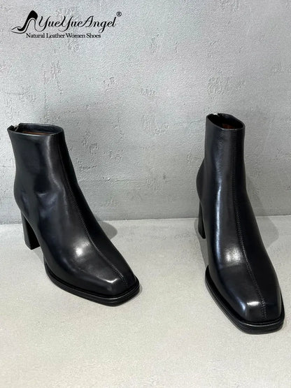 Concise Female Genuine Leather Square Toe Chunky Heel Ankle Boots Versatile Solid Color Cowhide Zipper Hard Wearing Footwear