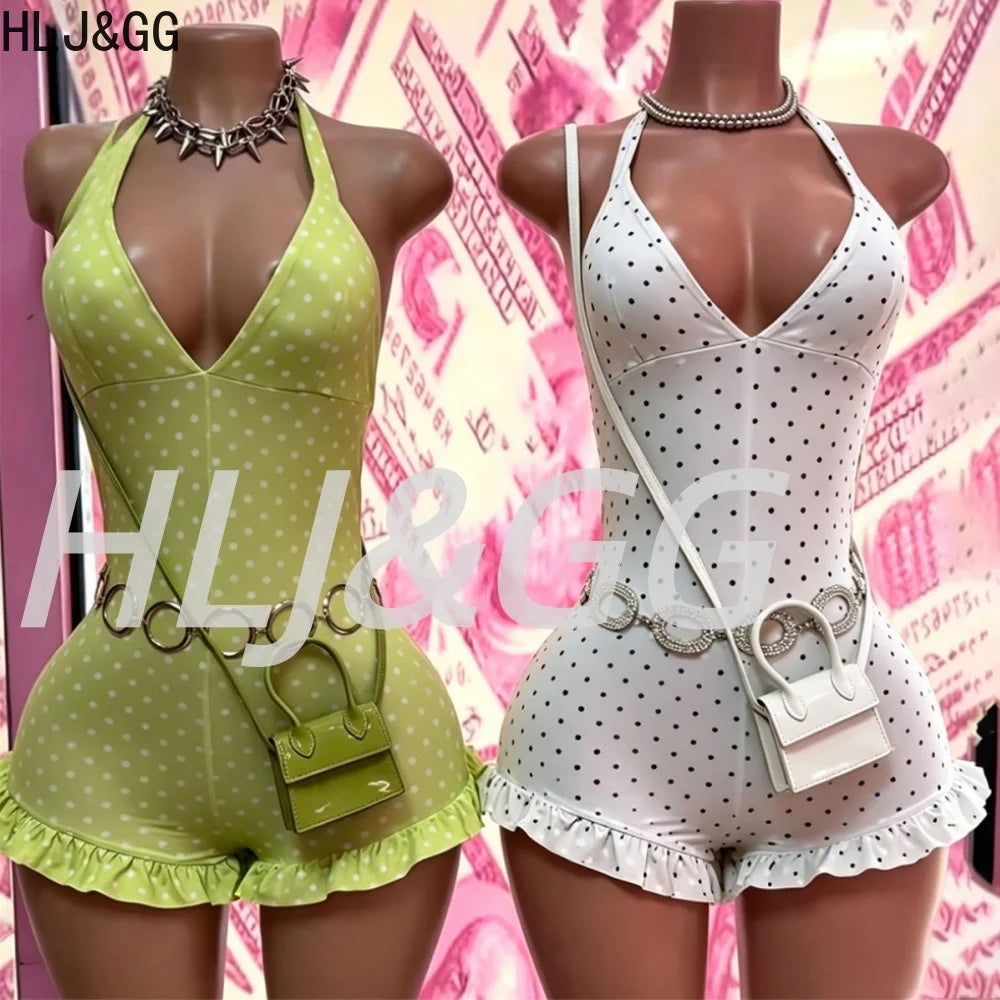 HLJ&GG Sexy Hot Girl Polka Dot Print Ruffle Bodycon One Piece Rompers Women Halter Backless Lace Up Playsuits Fashion Overalls