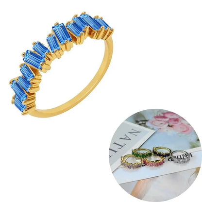 24K Gold Plated Colorful Crystal Gold Rings Turquoise Engagement Wedding Anniversary Ring Light Luxury Fashion Jewelry Gifts A40