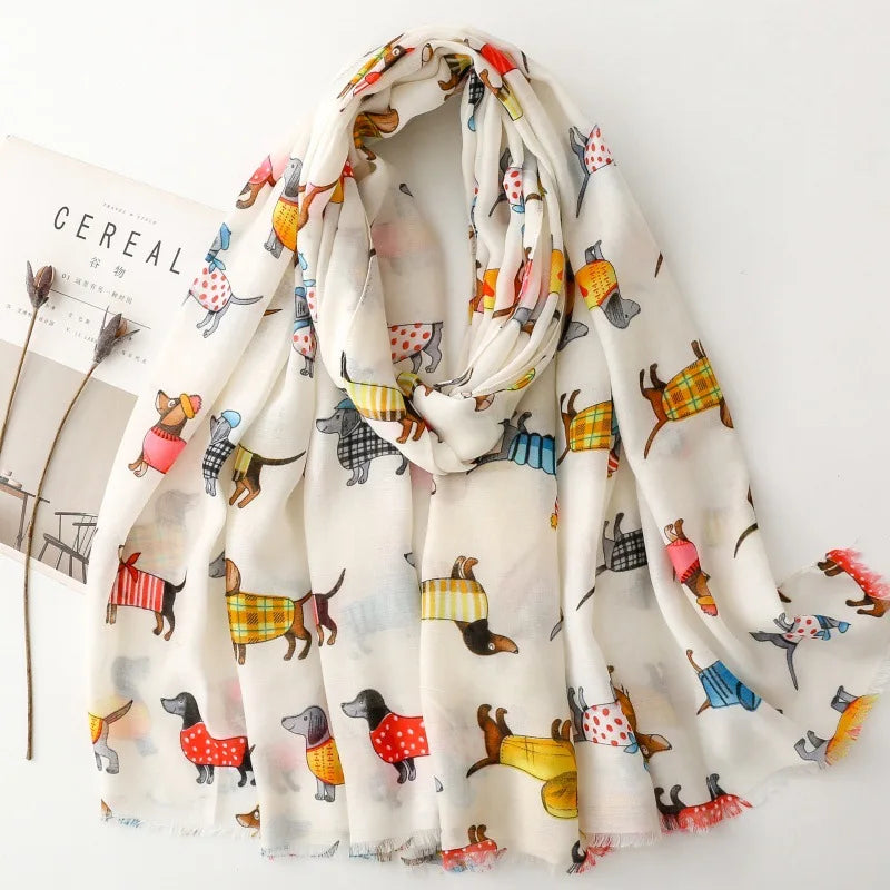 Cozy Dachshund Dog Cat Pattern Viscose Shawl for Women - 180x90Cm Fringe Detail Breathable Thin Wrap Scarves Autumn/Winter Snood