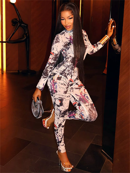 Weird Puss Sexy Colorful print Jumpsuit Women Wild Trend Full Sleeve O-Neck Stretch Skinny Midnight High Street Party Clubwear