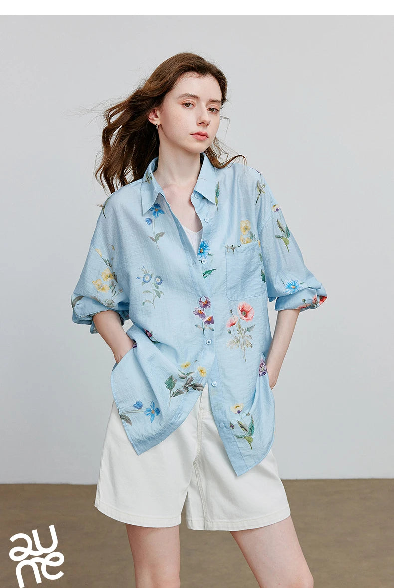 TOYOUTH Women Shirts 2026 Summer New Linen Lyocell Print Fresh Mid Length Floral Blouse Tops