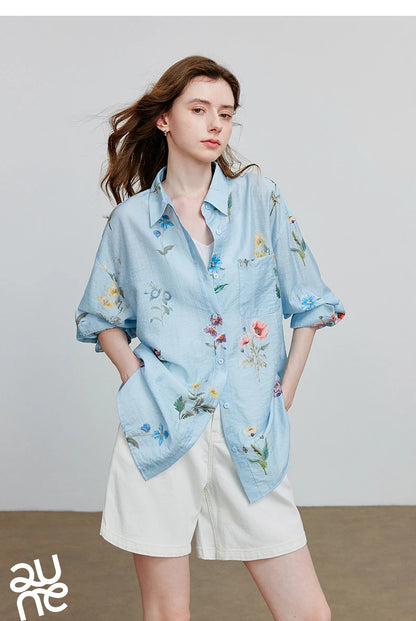 TOYOUTH Women Shirts 2026 Summer New Linen Lyocell Print Fresh Mid Length Floral Blouse Tops