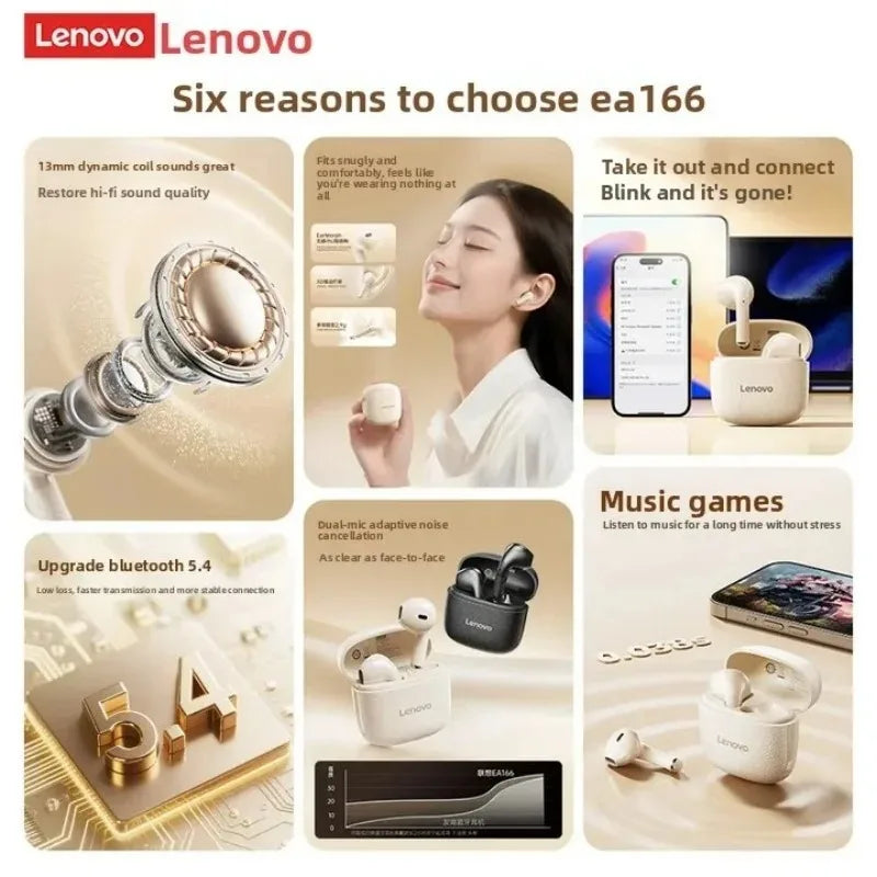 Original New Lenovo TWS Earphones EA166 Bluetooth V5.4 True Wireless Headphones Hi-Fi Sound Waterproof Headset Leather Texture
