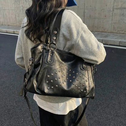 Rivet Punk Large Capacity Handbags Top Quality Sturdy Soft Leather Casual Tote Bag Shoulder Crossbody Bags Daily Commute Travel