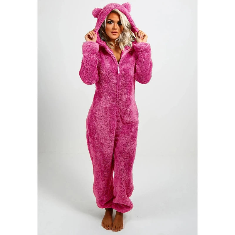 Women's Fleece Oneseies Zip Up Hooded Pajamas Rompers Cozy Sleepwear Pyjamas Autumn Winter Warm Loungewear Jumpsuit