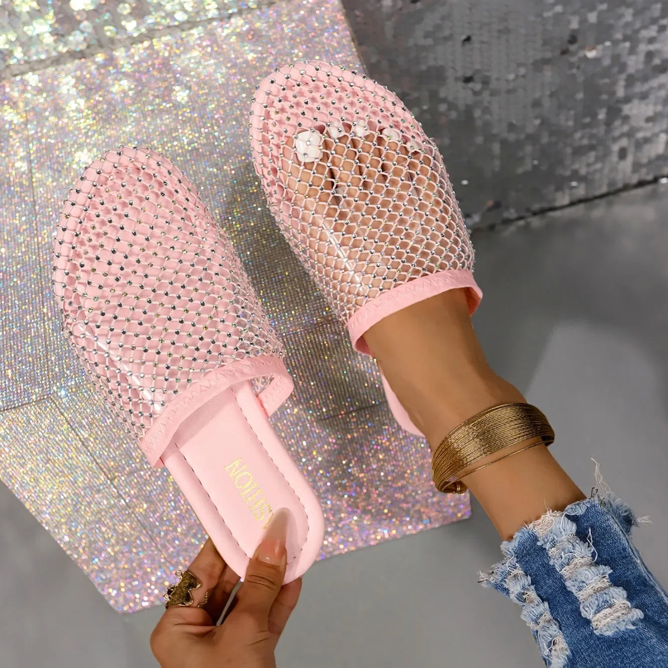 Women Slippers Summer Sexy Mesh Indoor Home Sandals Square Toe Female Flat Slippers Outdoor Clogs Beach Slippers Slides Women