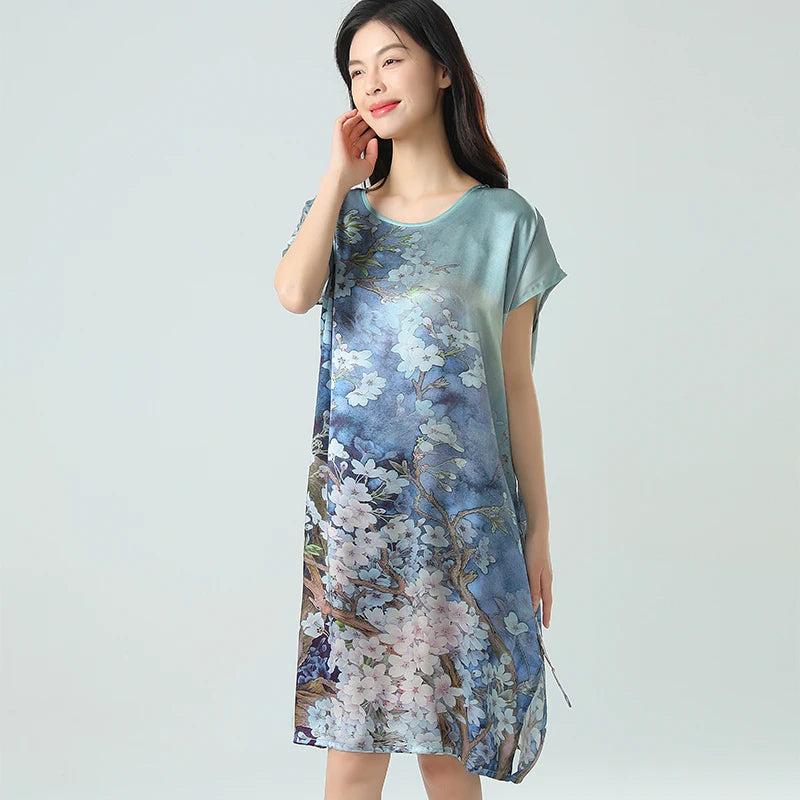 19MM 100% Mulberry  Silk Dress Pajamas Sleeping Home Dress Nightwear Women's Loose Plus Size  Short Sleeve Summer  40-80kg