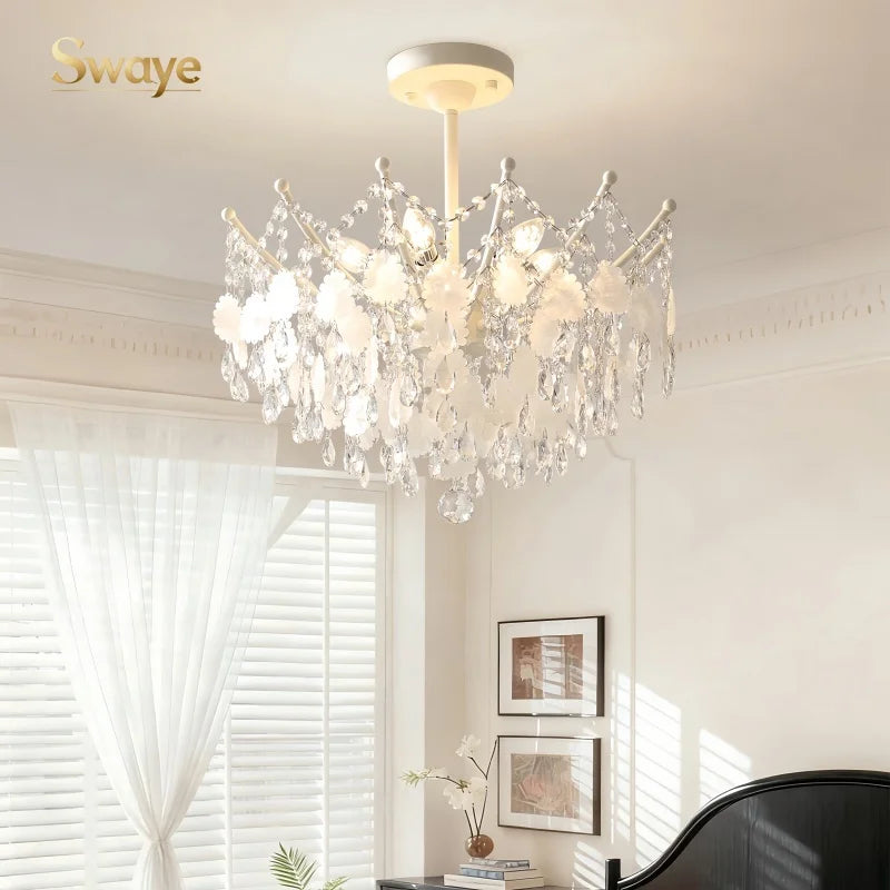 French Luxury LED Pendant Lights Blue White Natural Shell Crystal Chandelier Lamps for Romantic Living Dining Bedroom Home Decor