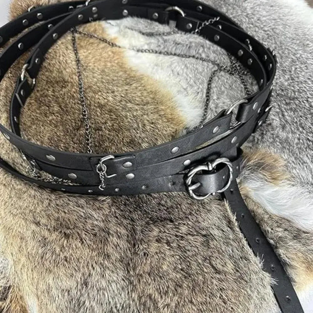 Medieval DIY Faux Leather Metal Chain Belt Vintage Adjustable Thin Belt For Women, Retro Skinny Belt For Dresses