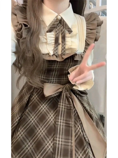 French Vintage Midi Dress Women Casual Evening Party Plaid Dress Office Lady Outwear One Piece Dress Korean Fashion Spring Chic
