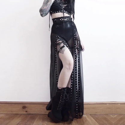 Goth Mesh Perspective Side Slit Skirt Lace Up Dark Punk Gothic Faldas Feminino Thin Summer Aesthetical