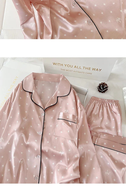 Japanese-Style Cute Girl Star Print Ice Silk Nightwear Women's Spring and Autumn Long-Sleeved Long Pants Homewear Actual Photo