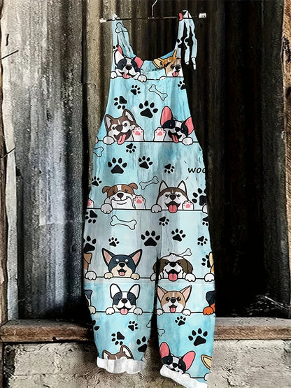 New Summer Women's Jumpsuit Cartoon Dog Print Fashion Cute Casual Jumpsuit Women's Parent-Child Outdoor Travel Lace-Up Jumpsuit
