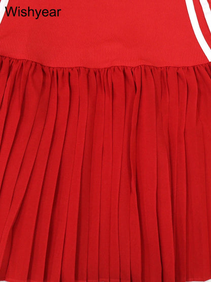 New Fashion O-neck Sleeveless Side Striped Ribbed Pleated Mini Dress for Women Sexy Slim Night Club Tank Summer Birthday Robe
