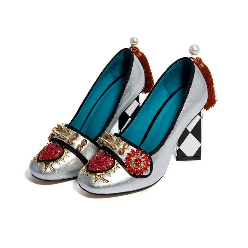royal red heart crystal rivets Studs Pumps back pearl with tassel rhombus Square Heel Women Slip On mary jane Shoes