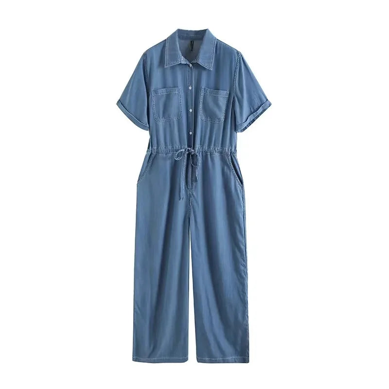 Jumpsuits Women Denim One Piece Turn Down Collar Short Sleeve Loose Casual Wide Leg Long Pants Overalls Tight Waist Rompers