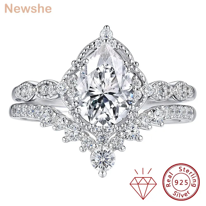 Newshe Moissanite Wedding Rings for Women 925 Sterling Silver Engagement Ring Bridal Set Pear Teardrop Shaped Wish Band