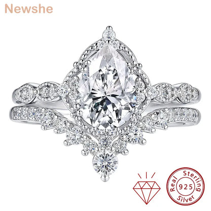 Newshe Moissanite Wedding Rings for Women 925 Sterling Silver Engagement Ring Bridal Set Pear Teardrop Shaped Wish Band