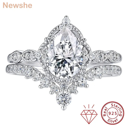 Newshe Moissanite Wedding Rings for Women 925 Sterling Silver Engagement Ring Bridal Set Pear Teardrop Shaped Wish Band