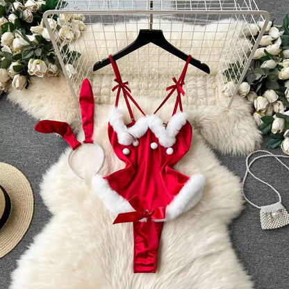 Women Lace Patchwork Velour Strappy Catsuits Fashion One Piece Combination Rompers Erotic Fashion Sexy Bunny Bodysuits Cosplay