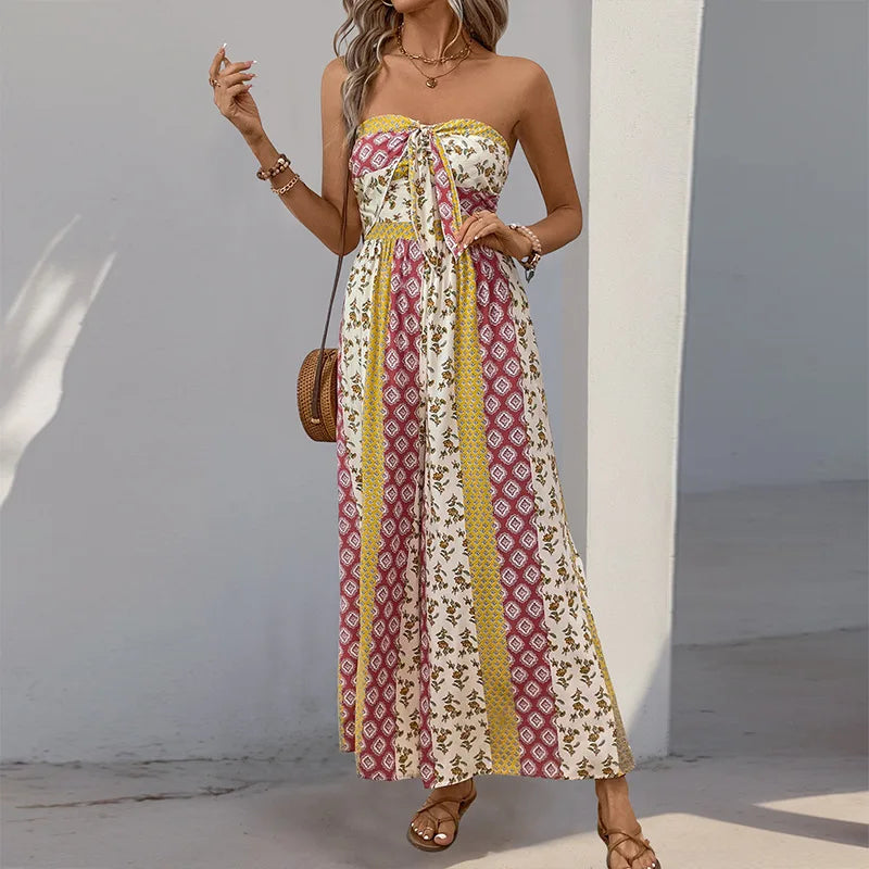 Cotton Rayon Floral Printed Sexy Strapless Jumpsuit Women Casual Bow Boho Beach Summer One Piece Women's Jumpsuits Bohemian