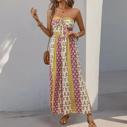 Cotton Rayon Floral Printed Sexy Strapless Jumpsuit Women Casual Bow Boho Beach Summer One Piece Women's Jumpsuits Bohemian