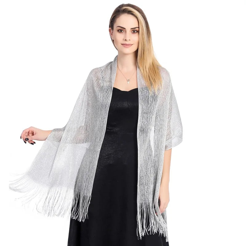 Metallic Silk Scarf Bridal Evening Gown Accessory For Women Wedding Party Prom Bridal Shawl Gold Silver Thread