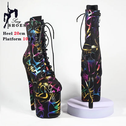 17/20CM/8Inch Print Exotic Thin Heels Boots Stripper Platform Party High Heels Shoes Pole Dancing Practice Lady Shoes Geometric