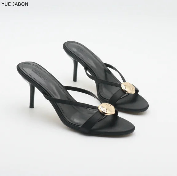 Red Satin Sexy Thin Heel Slippers Women Metal Buckle Open Toe Slides Ladies Concise Black Luxury Brand High Heels Dress Shoes