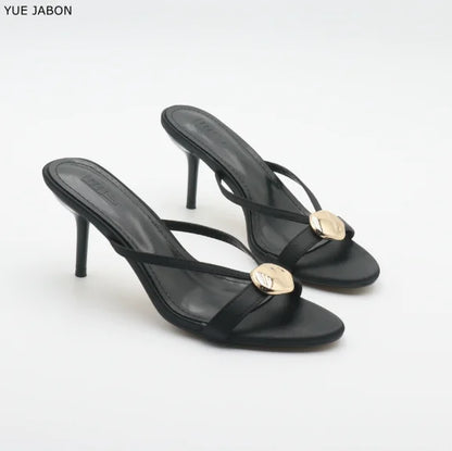 Red Satin Sexy Thin Heel Slippers Women Metal Buckle Open Toe Slides Ladies Concise Black Luxury Brand High Heels Dress Shoes