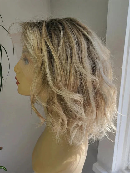 Synthetic Lace Front Wig Short Wavy Bob Wig for Women Blonde Highlights Glueless HD 13X4 Lace Front Wig Pre Plucked Middle Part