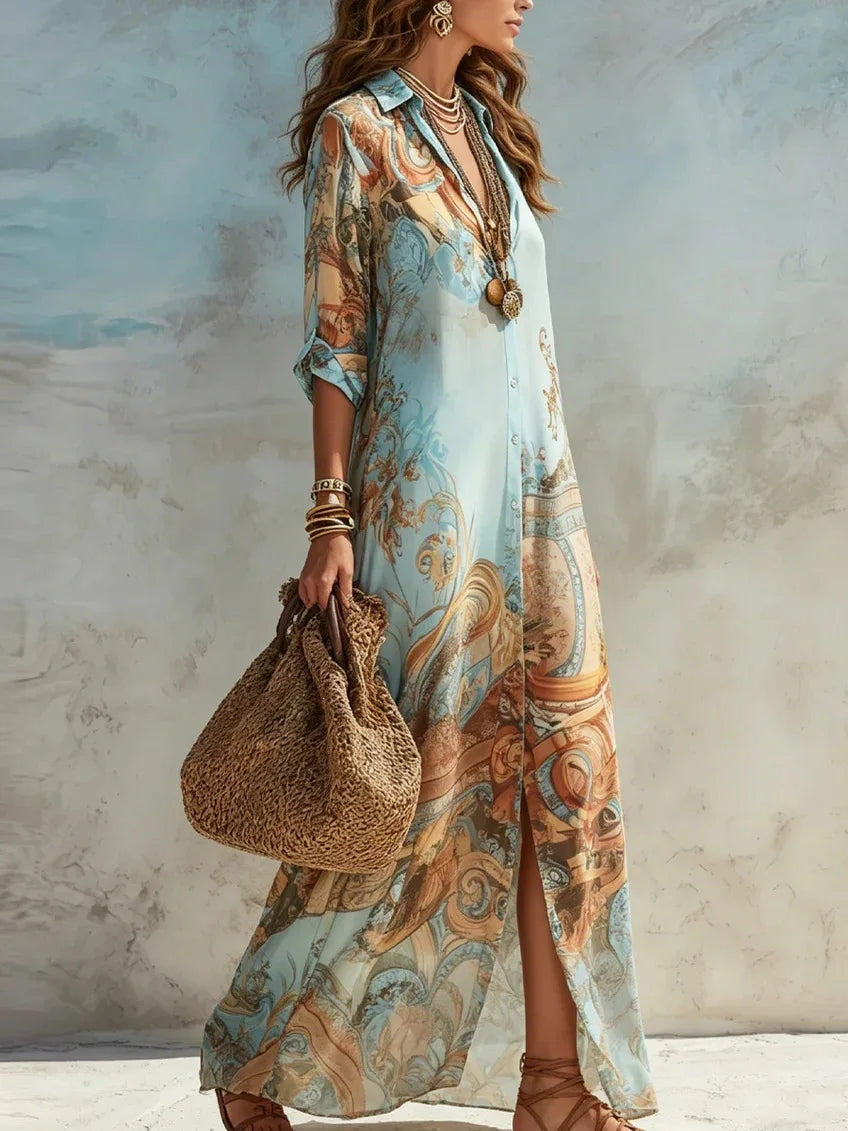 Elegant Shirt Dress for Women Chiffon Digital Print Turndown Collar Single-breasted Dresses Flowy Casual Boho Summer Clothing