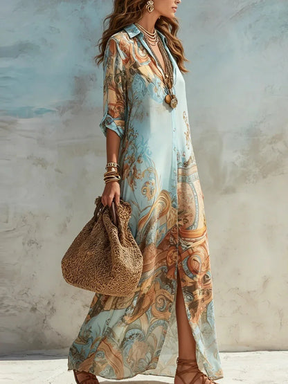 Elegant Shirt Dress for Women Chiffon Digital Print Turndown Collar Single-breasted Dresses Flowy Casual Boho Summer Clothing
