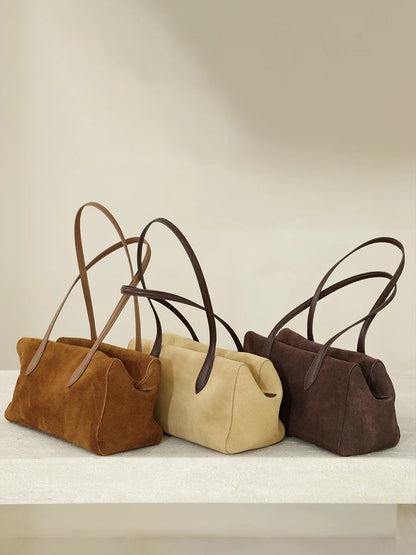 New Women's Natural Suede Leather long handle Shoulder Bag Luxury Designe Genuine Suede Leather Handbags Shopping Underarm Bag