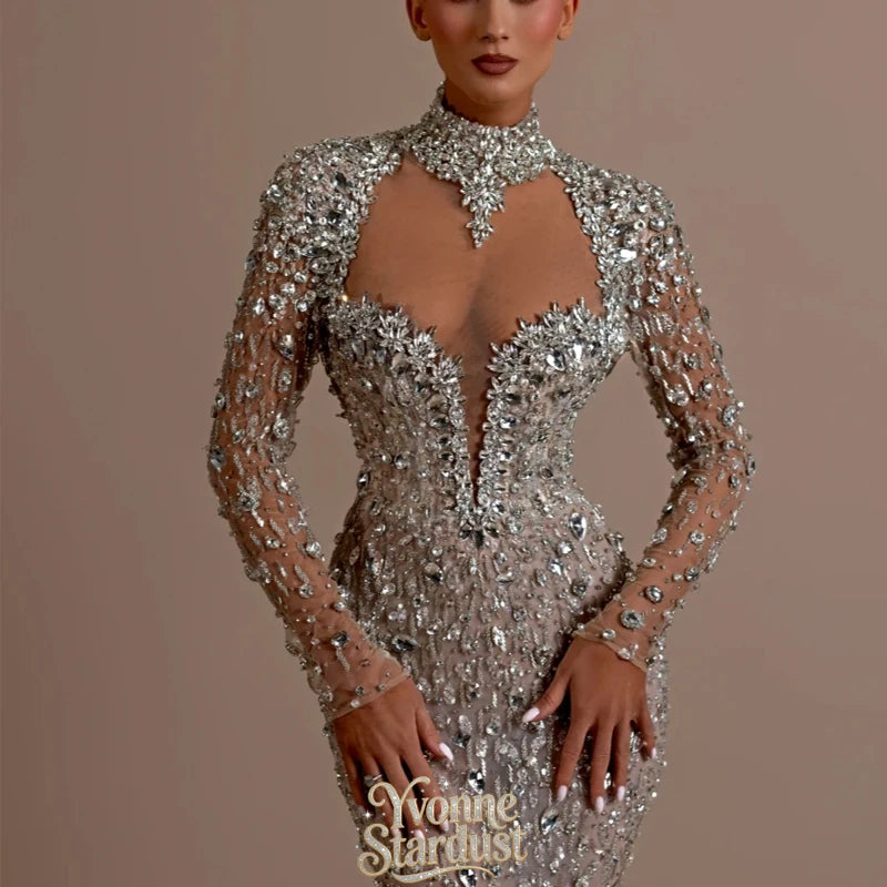 Yvonne Evening Dress Silver Charming See Through Corset Luxurious Crystals Elegant Prom Gown Backless Vestidos Fiesta Customized