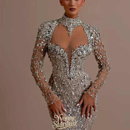 Yvonne Evening Dress Silver Charming See Through Corset Luxurious Crystals Elegant Prom Gown Backless Vestidos Fiesta Customized