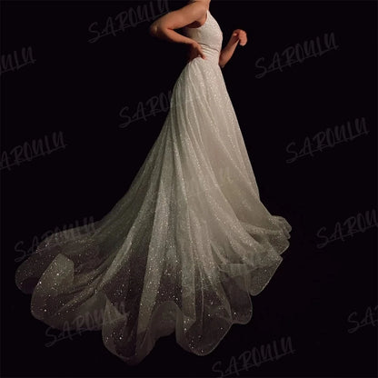 Spaghetti Straps Shinny Wedding Dress A-line V Neck Glitter Bridal Gown For Wedding Party Bride Dresses Custom Made Sequined