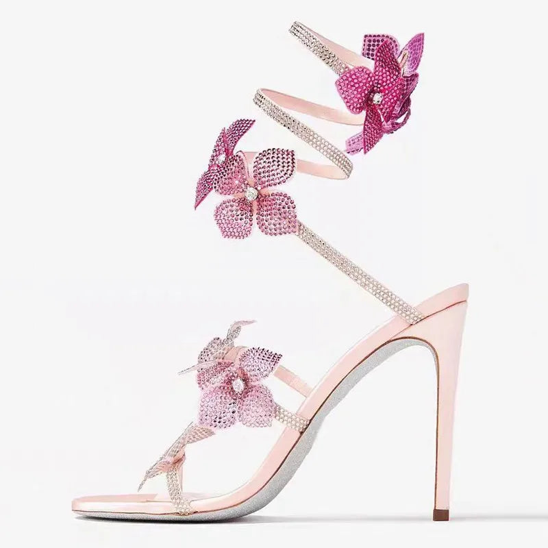 Luxury Rhinestones Flowers Women Gladiator Sandals Sexy Snake Twine Ankle Strap High heels Summer Wedding Prom Shoes Sandalias