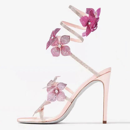 Luxury Rhinestones Flowers Women Gladiator Sandals Sexy Snake Twine Ankle Strap High heels Summer Wedding Prom Shoes Sandalias