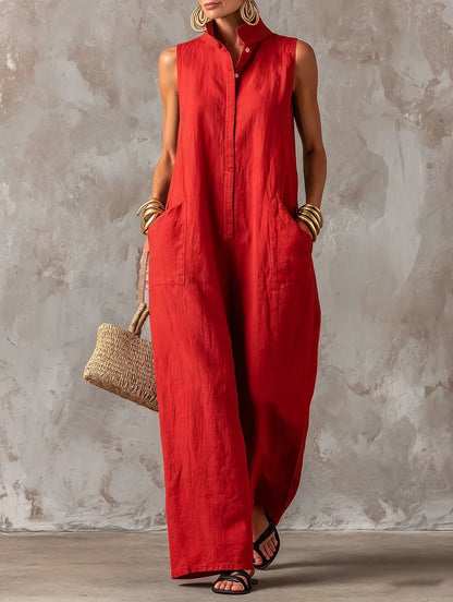 Women Linen Sleeveless Jumpsuit Stand Collar Button Down Wide Leg Long Romper Casual Loose Pockets Vacation Overalls