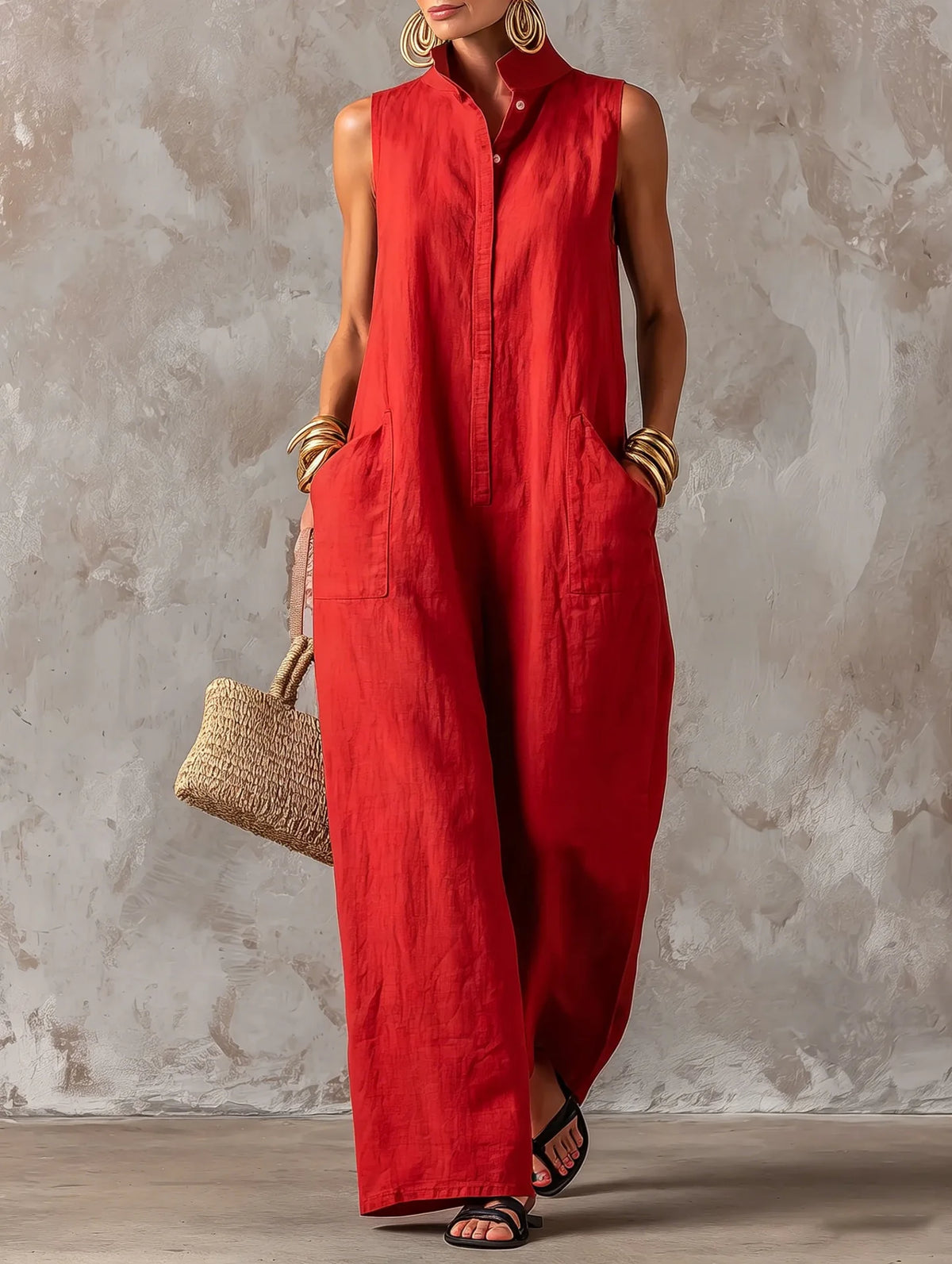 Women Linen Sleeveless Jumpsuit Stand Collar Button Down Wide Leg Long Romper Casual Loose Pockets Vacation Overalls