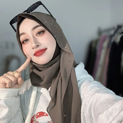 Malay Solid Chiffon Turban Head Scarf for Women, Irregular Rhinestone Hotfix Wrapped L-Edge Pull-On Scarf,Soft Muslim Hijab Wrap